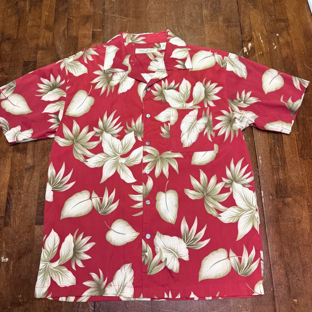 Island Republic Button HawaiianShirt Mens L Red Tropical Leaf Print Camp Shirt